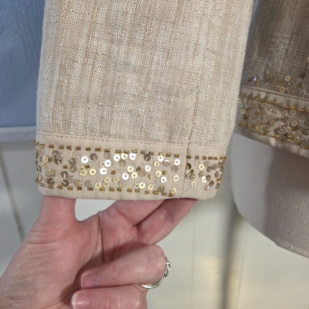 Ann Taylor Size 0 Cotton / Linen Blend Sequin Beaded Lightweight Dressy Jacket - Picture 4 of 12